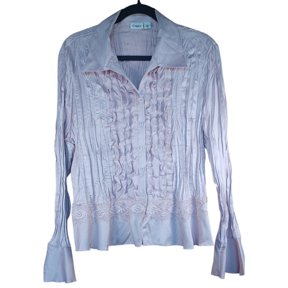 Cato Pink Satin Ruffle Blouse XL Crinkle Texture Lace Hem Wedding Romantic Top - Picture 4 of 8